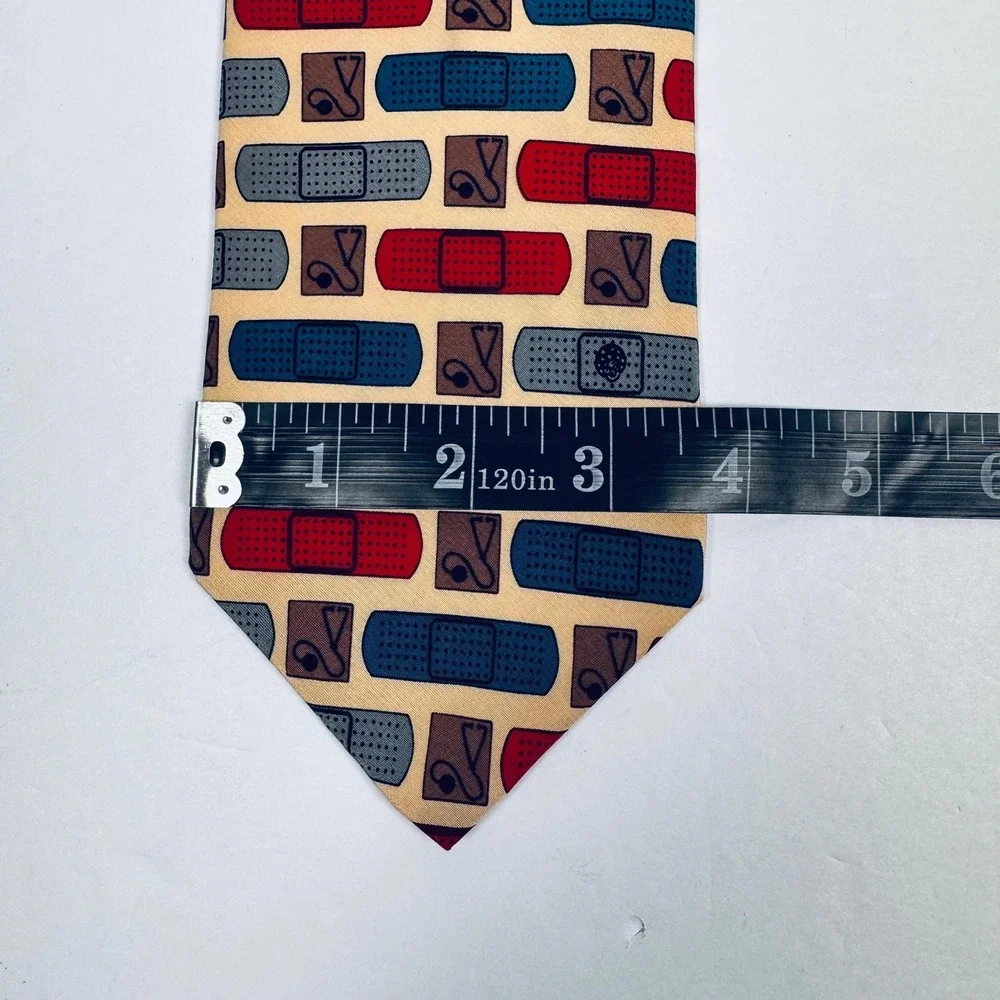 Vicky Davis Tie Silk Necktie Medical Bandage Print Novelty Cream Red Blue Doctor